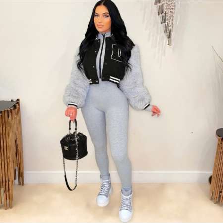 WOMEN FASHION VERSITY JACKET BLACK/GREY 0445