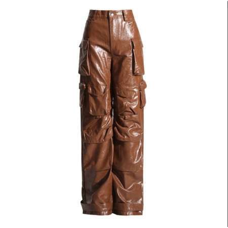 WOMEN FASHION PU LEATHER LOOSE CARGO PANTS BROWN 786651