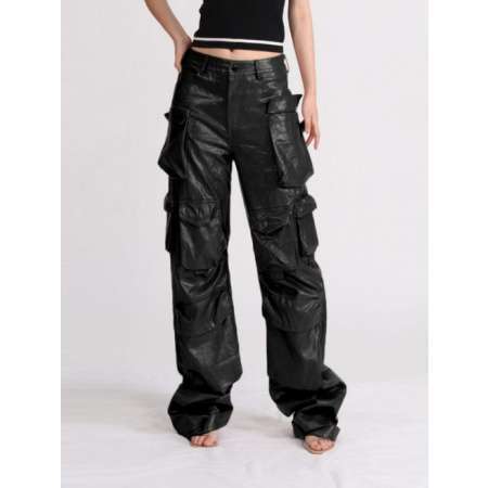 WOMEN FASHION PU LEATHER LOOSE CARGO PANTS BLACK 786651