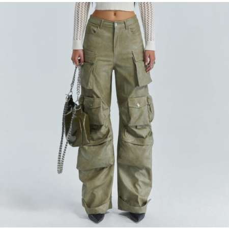 WOMEN FASHION PU LEATHER LOOSE CARGO PANTS OLIVE 786651