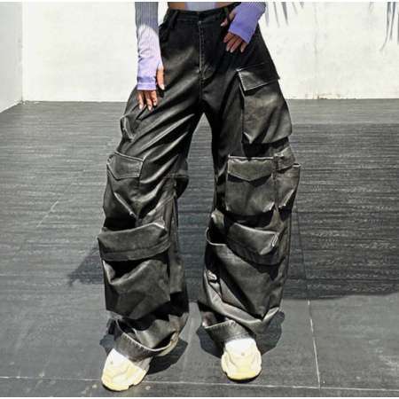 WOMEN FASHION PU LEATHER LOOSE CARGO PANTS 786651