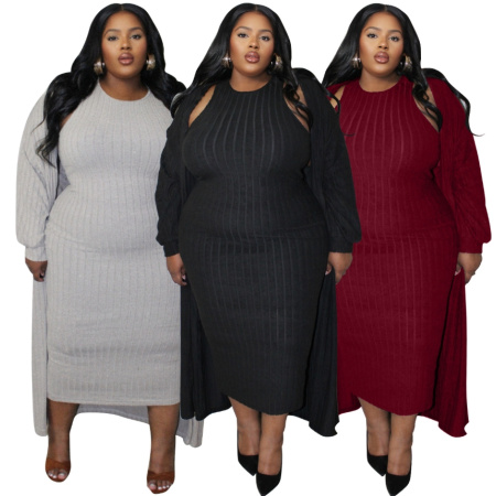 wholesale women Plus Size Bodycon Dress With Front Open Coat Set-8057