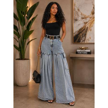 PLEATED DETAIL DENIM WIDE LEG TENCEL PANTS-260401 WHOLESALE / WOMEN