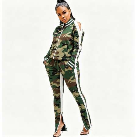 LONG SLEEVE COLD SHOULDER CAMO TRACK SET | WOMEN | WHOLESALE | 9206