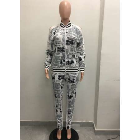 LONG SLEEVE COLD SHOULDER NEWSPAPER TRACK SET | WOMEN FASHION | WHOLESALE | 9206