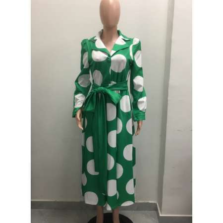 Polka Dot Suit Collar Long Sleeve Dress-0703 Wholesale | Women